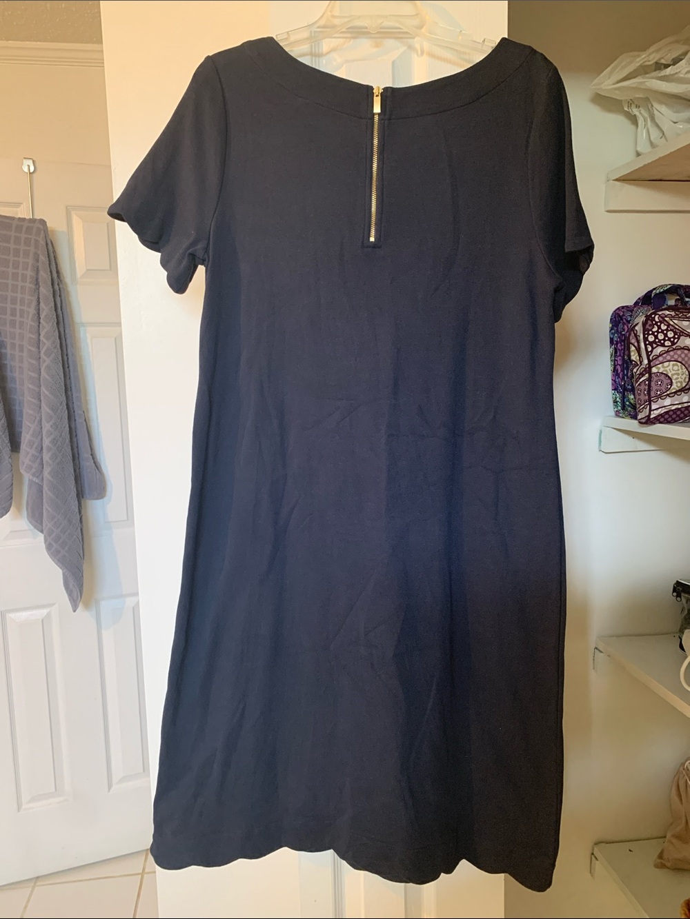 Talbots Navy Short-Sleeve Shift Dress with Gold Back Zip